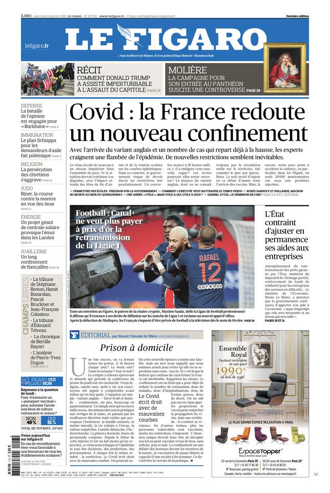 Le Figaro Une du 13 janvier 2021