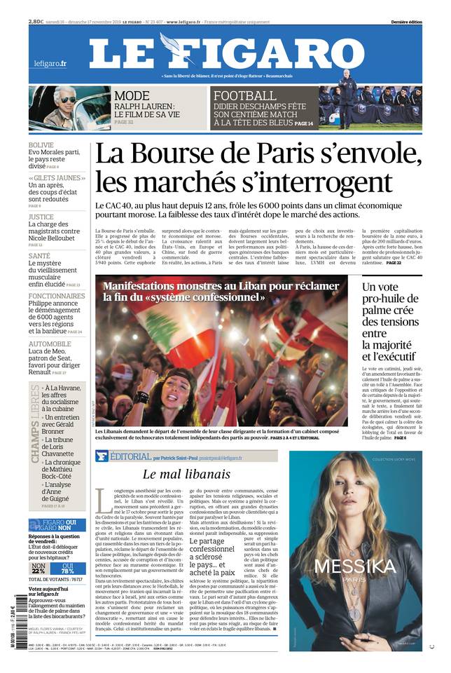 Le Figaro Une du 16 novembre 2019