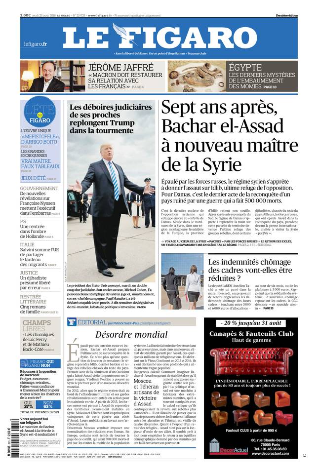 Le Figaro Une du 23 août 2018