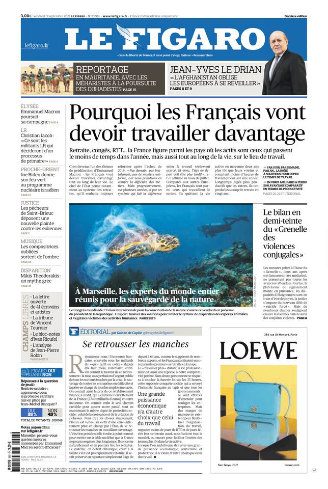 Le Figaro Une du 3 septembre 2021