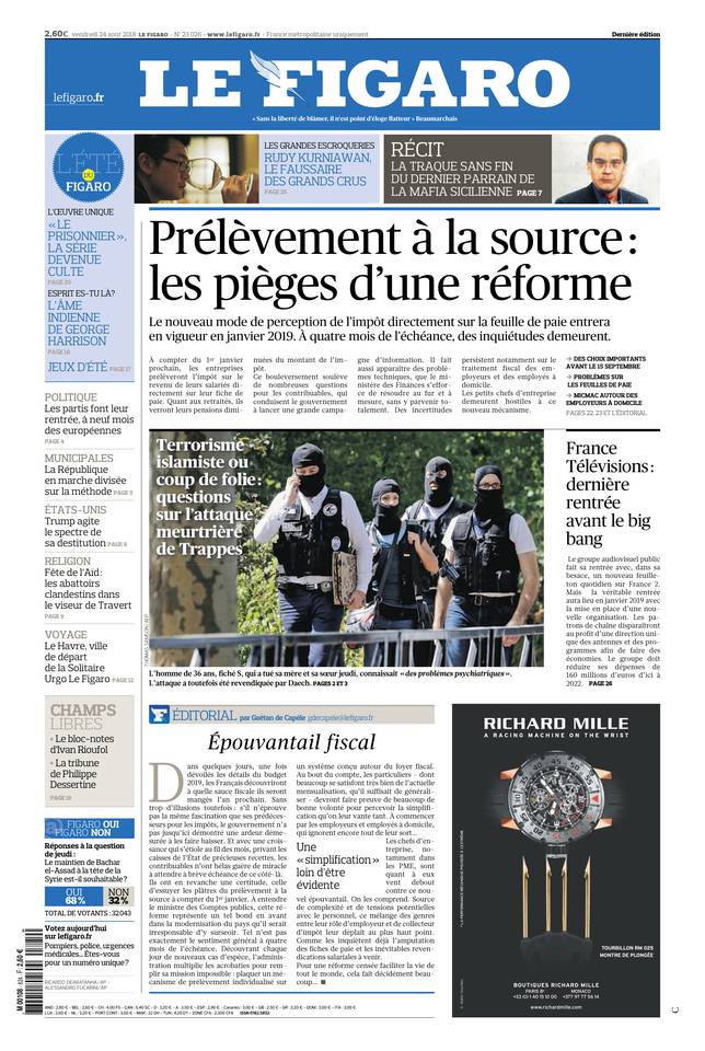 Le Figaro Une du 24 août 2018