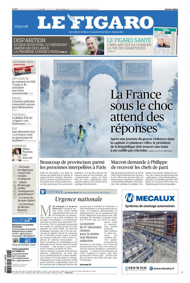 Le Figaro Une du 3 décembre 2018