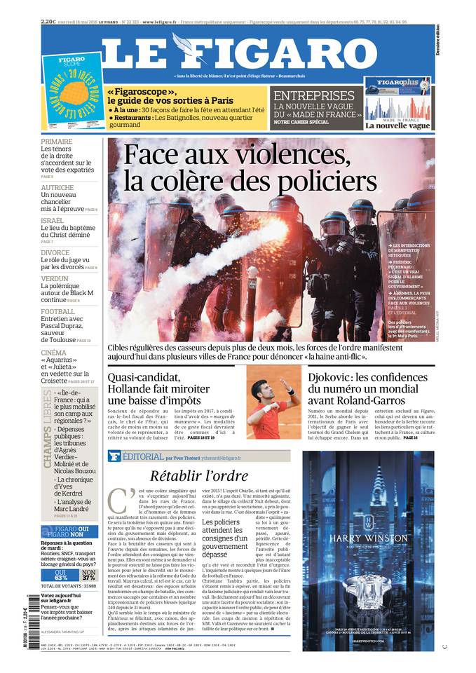 Le Figaro Une du 18 mai 2016