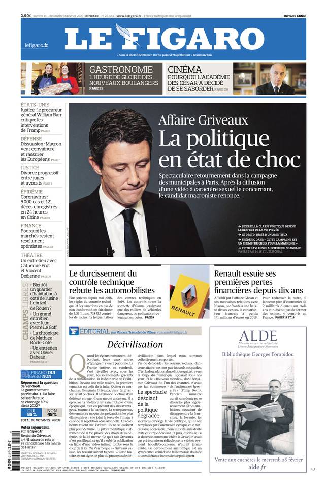Le Figaro Une du 15 février 2020
