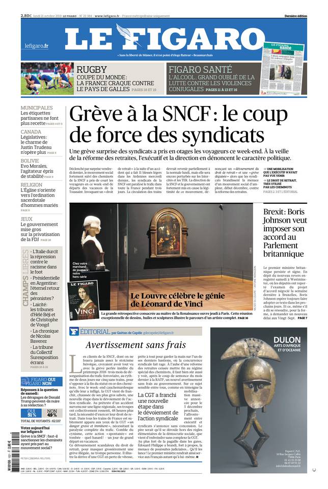 Le Figaro Une du 21 octobre 2019