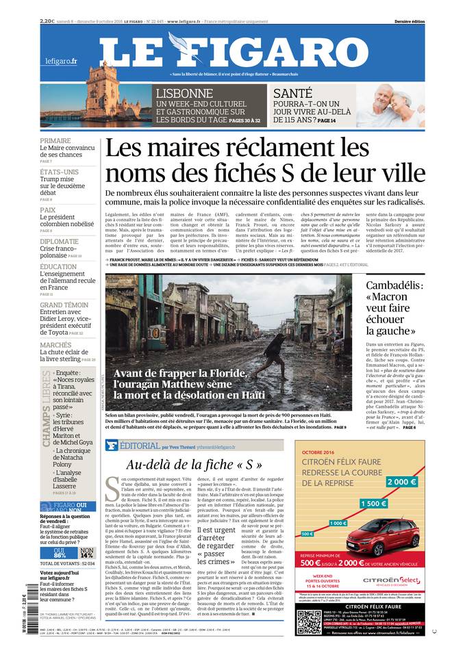Le Figaro Une du 8 octobre 2016