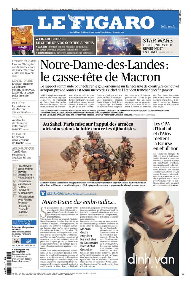 Le Figaro Une du 13 décembre 2017