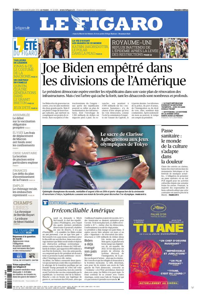 Le Figaro Une du 28 juillet 2021