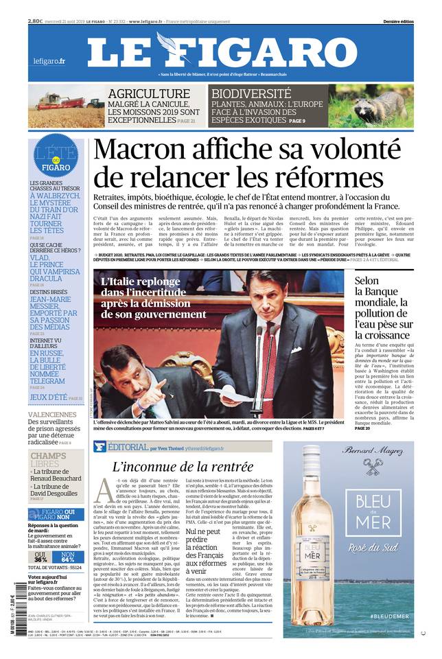 Le Figaro Une du 21 août 2019