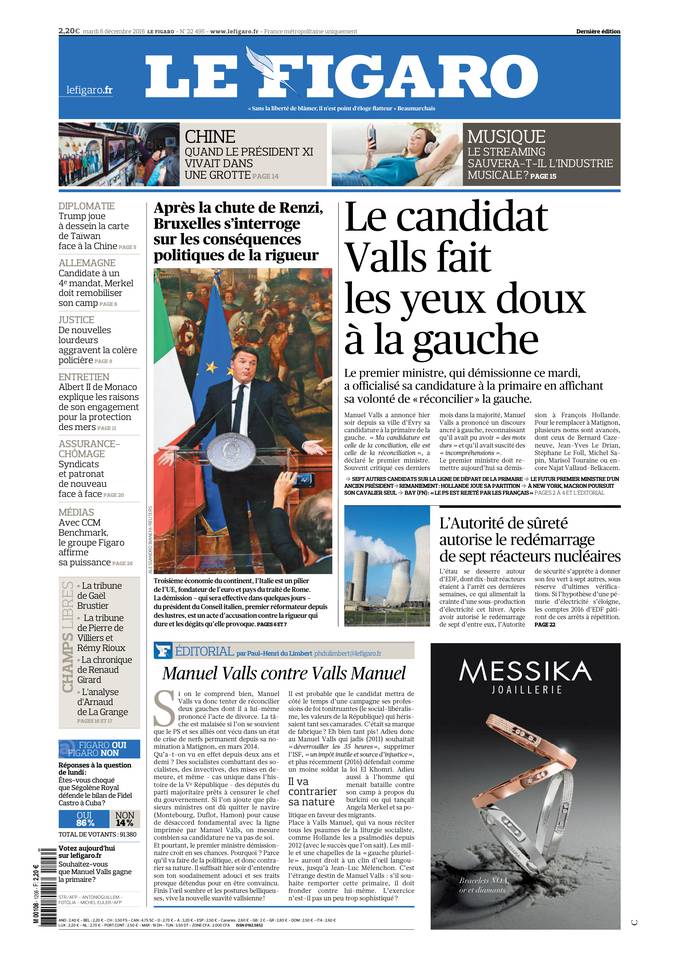 Le Figaro Une du 6 décembre 2016