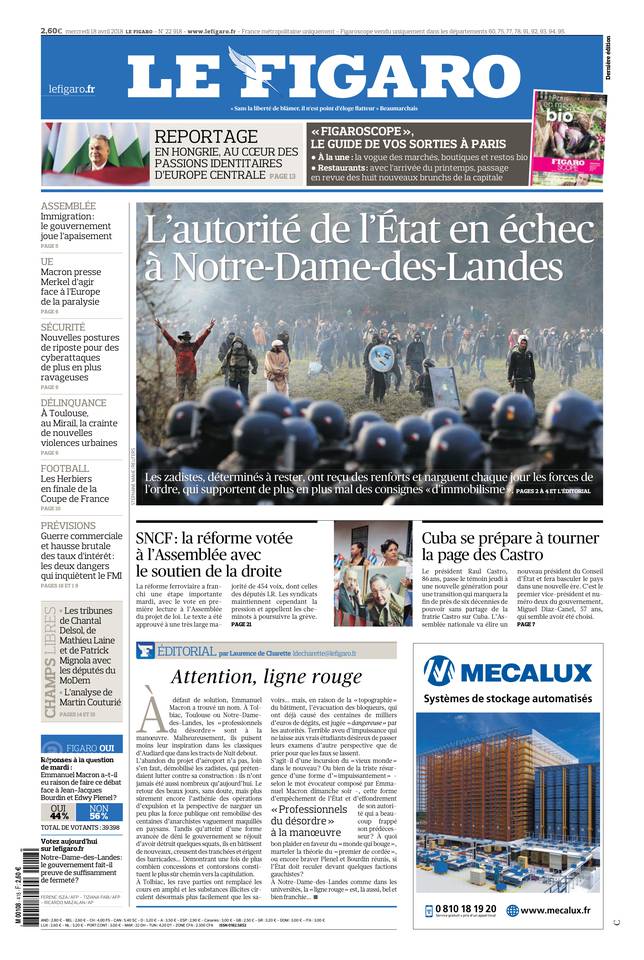 Le Figaro Une du 18 avril 2018