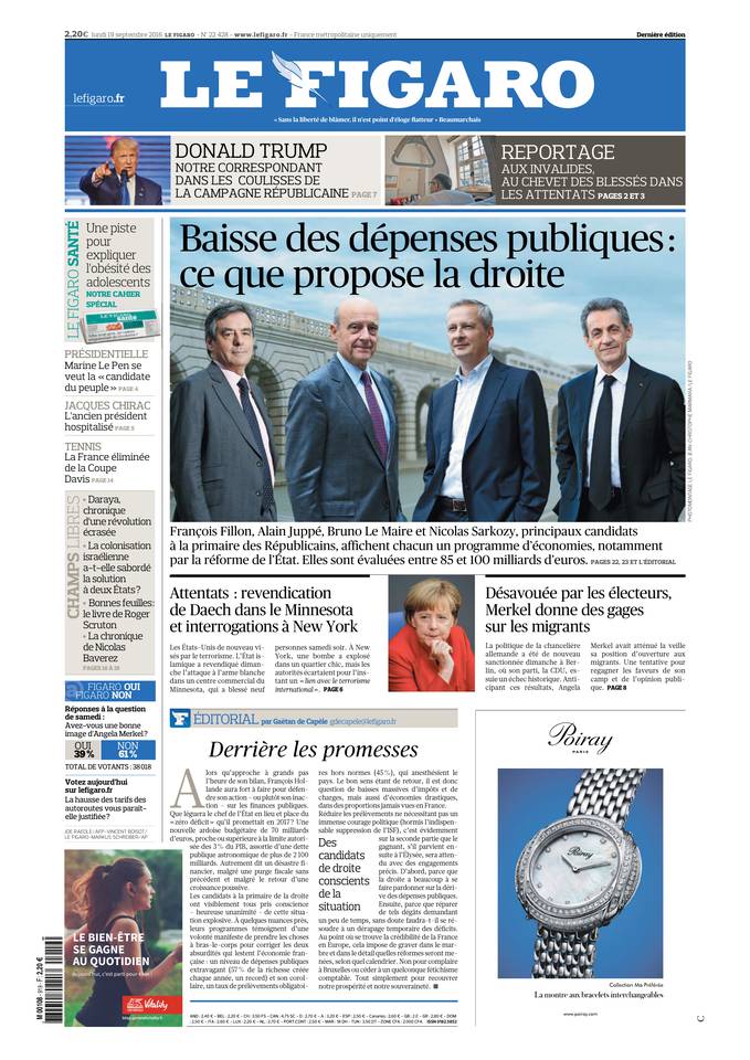 Le Figaro Une du 19 septembre 2016