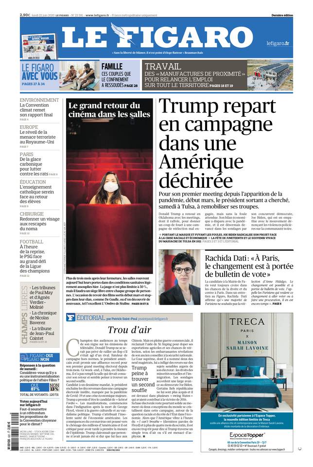 Le Figaro Une du 22 juin 2020