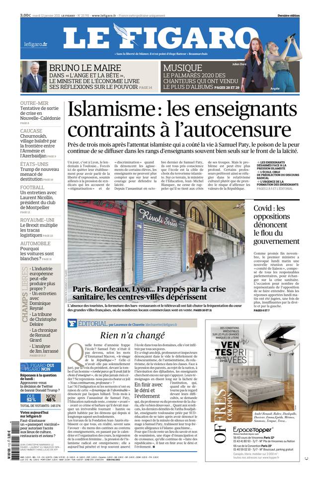 Le Figaro Une du 12 janvier 2021