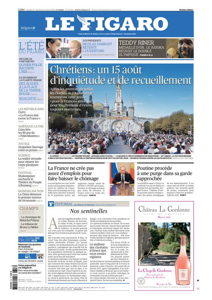 Le Figaro Une du 13 août 2016