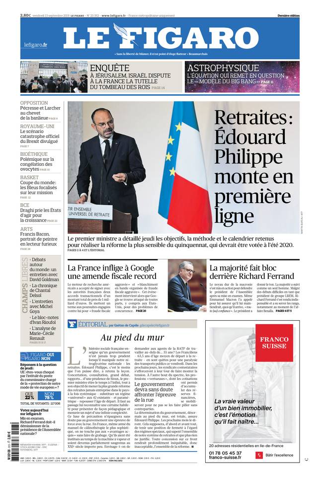 Le Figaro Une du 13 septembre 2019