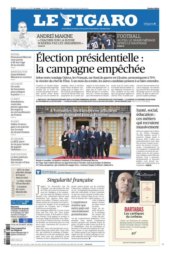 Le Figaro Une du 11 mars 2022