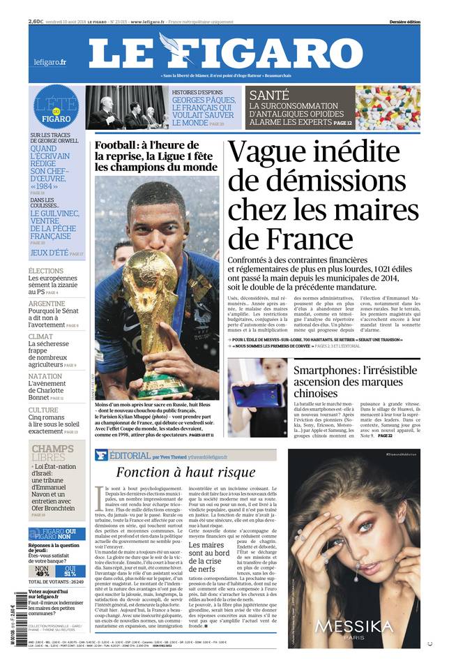 Le Figaro Une du 10 août 2018