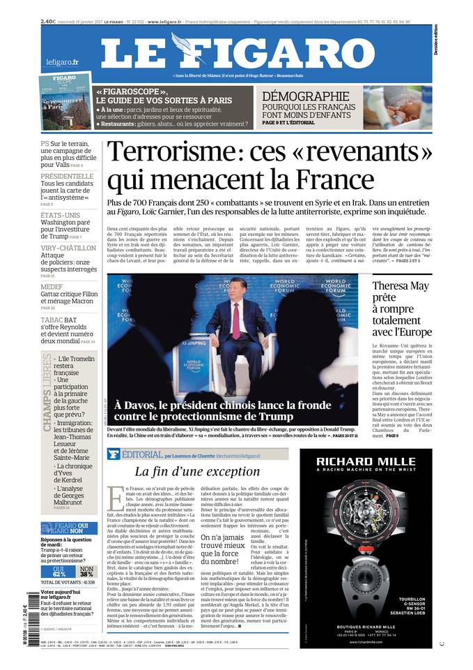 Le Figaro Une du 18 janvier 2017