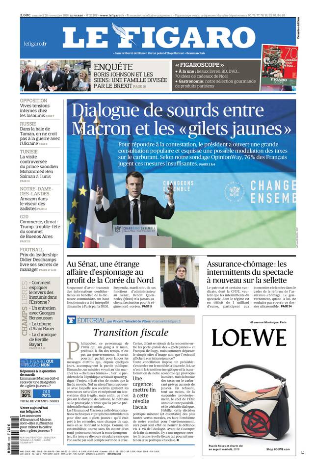 Le Figaro Une du 28 novembre 2018