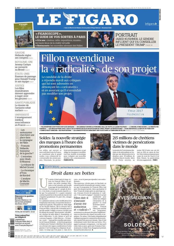 Le Figaro Une du 11 janvier 2017