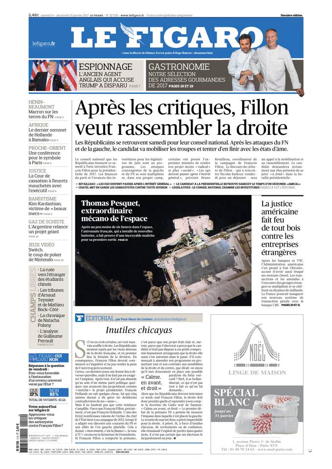 Le Figaro Une du 14 janvier 2017