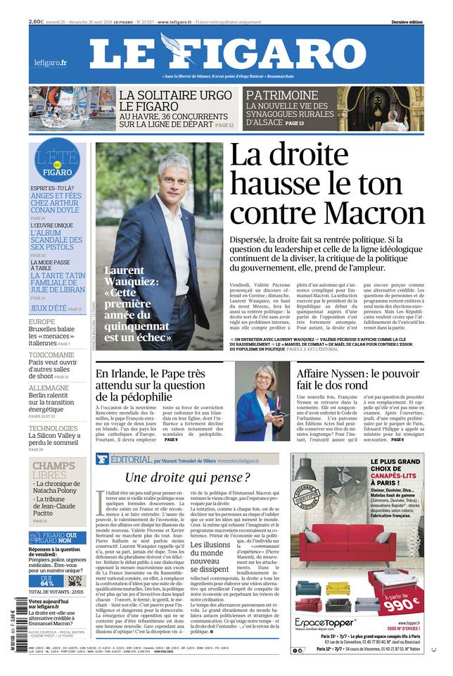 Le Figaro Une du 25 août 2018