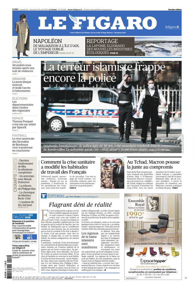 Le Figaro Une du 24 avril 2021