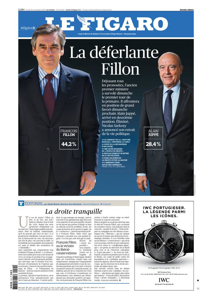 Le Figaro Une du 21 novembre 2016