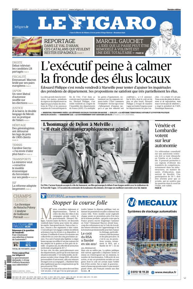 Le Figaro Une du 21 octobre 2017