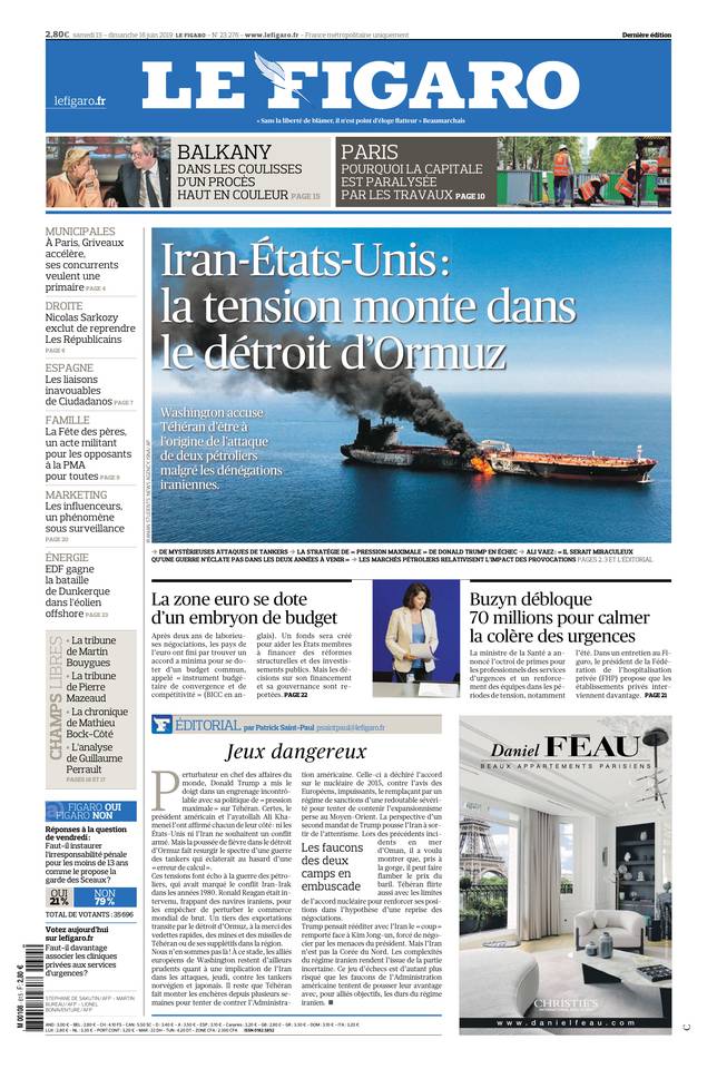 Le Figaro Une du 15 juin 2019