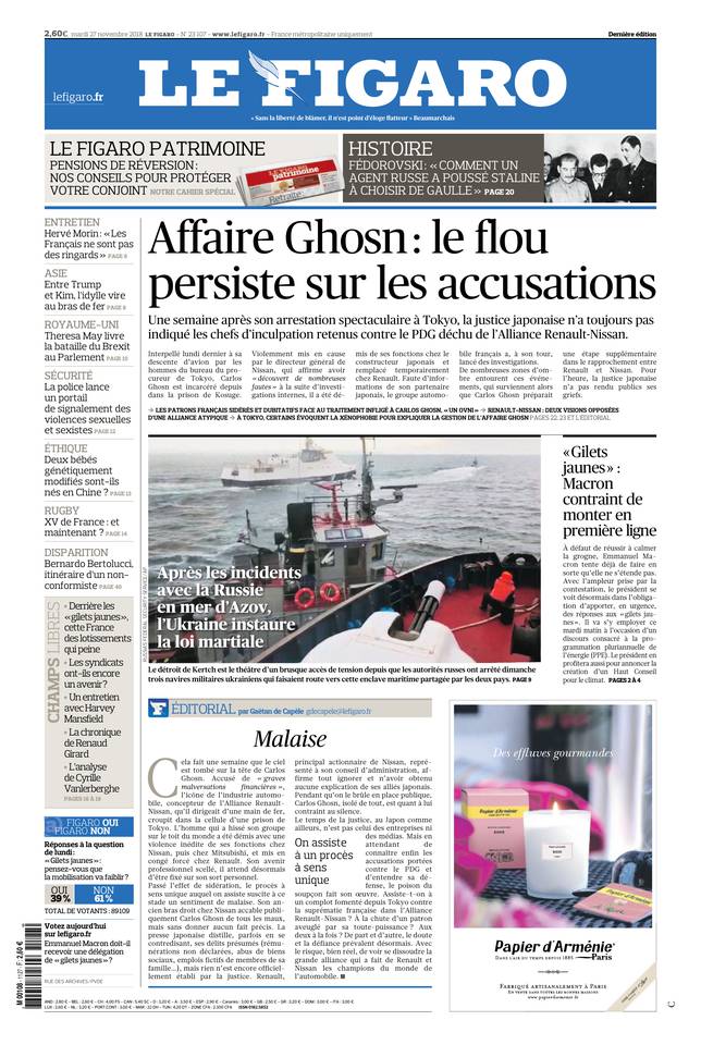 Le Figaro Une du 27 novembre 2018