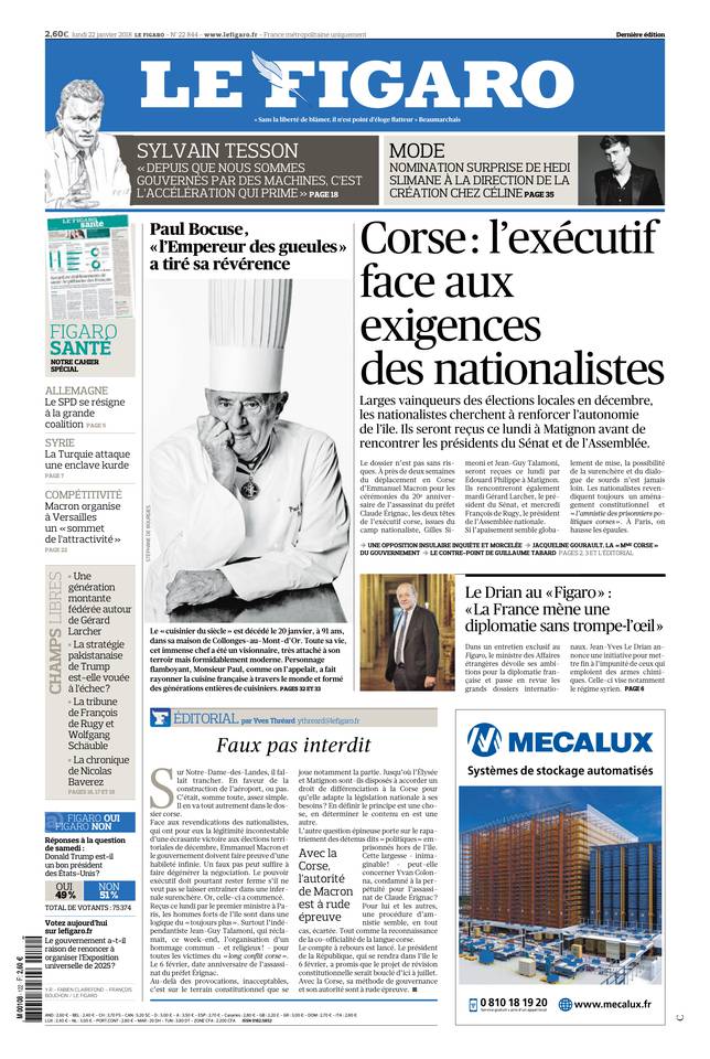 Le Figaro Une du 22 janvier 2018