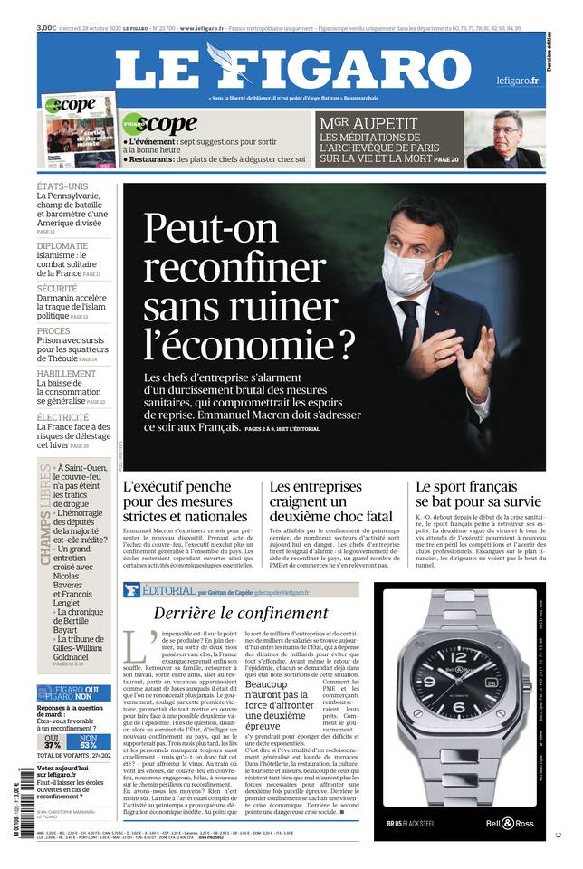 Le Figaro Une du 28 octobre 2020