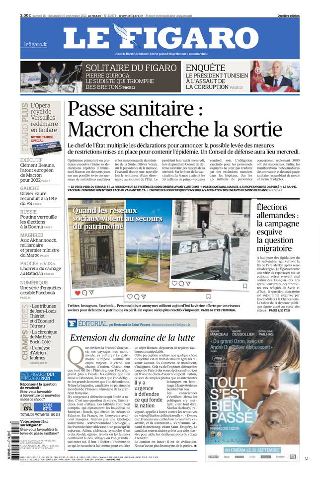 Le Figaro Une du 18 septembre 2021