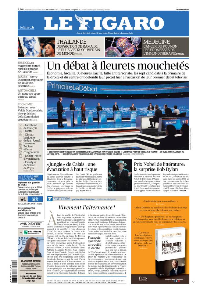 Le Figaro Une du 14 octobre 2016