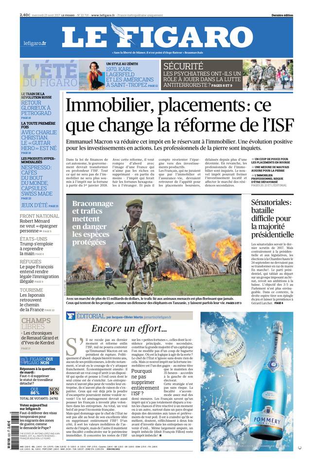 Le Figaro Une du 23 août 2017