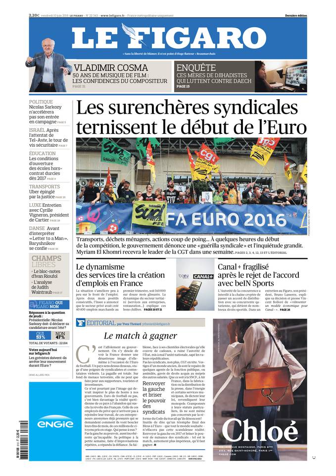 Le Figaro Une du 10 juin 2016