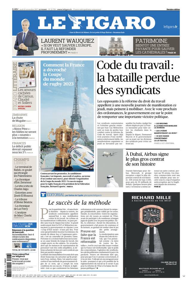 Le Figaro Une du 16 novembre 2017