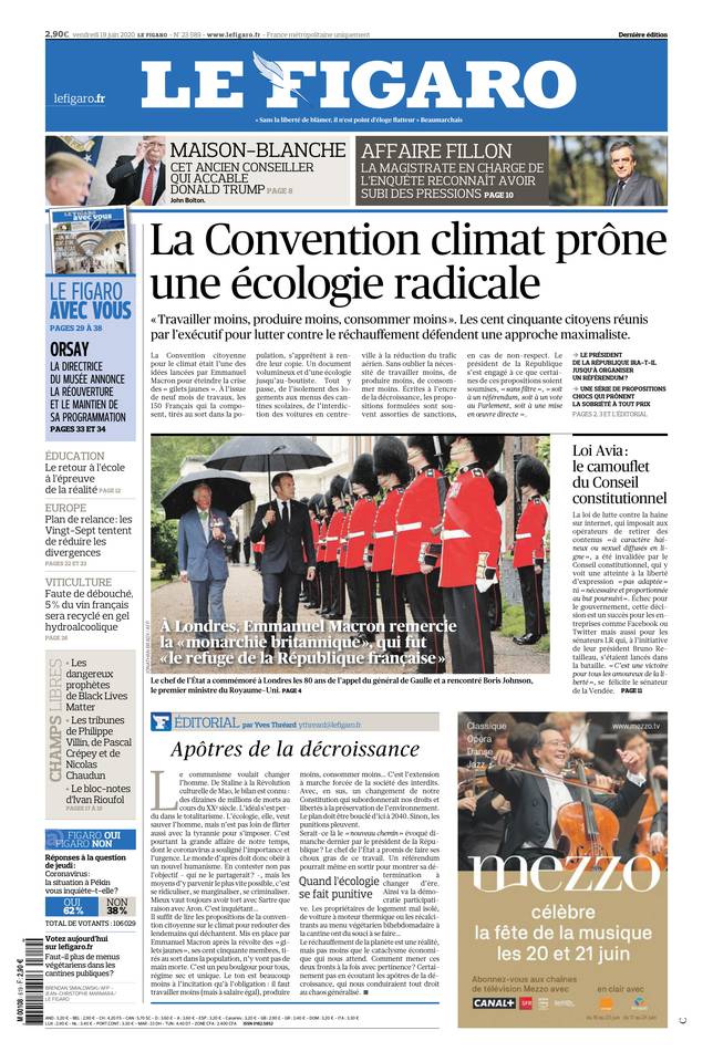 Le Figaro Une du 19 juin 2020