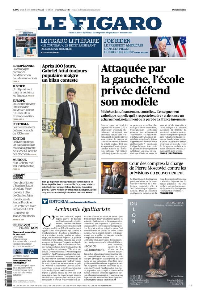 Le Figaro Une du 18 avril 2024