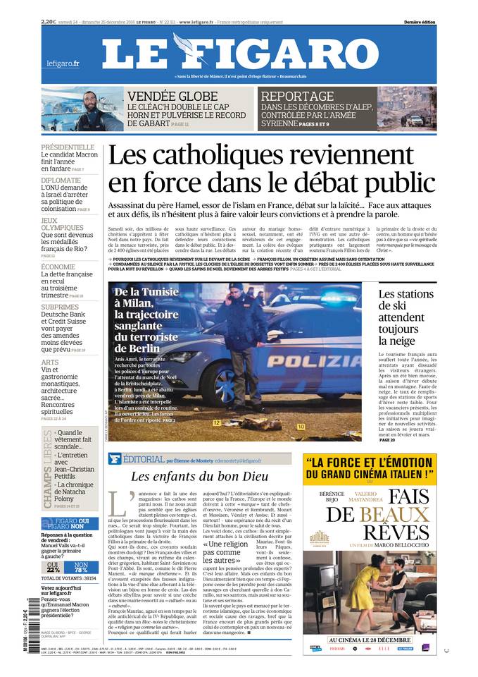 Le Figaro Une du 24 décembre 2016