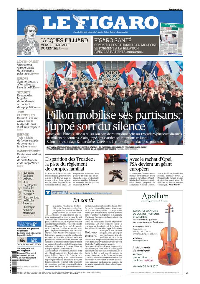 Le Figaro Une du 6 mars 2017