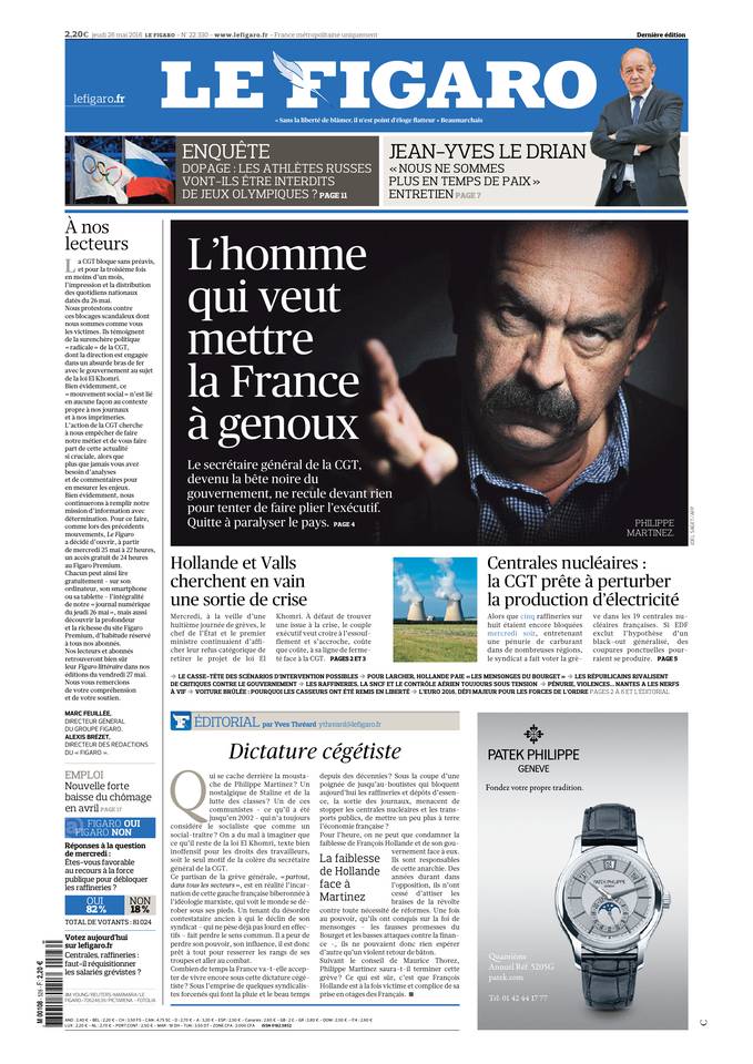 Le Figaro Une du 26 mai 2016