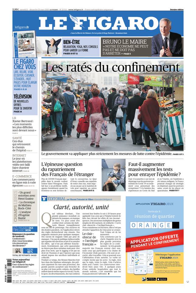 Le Figaro Une du 21 mars 2020