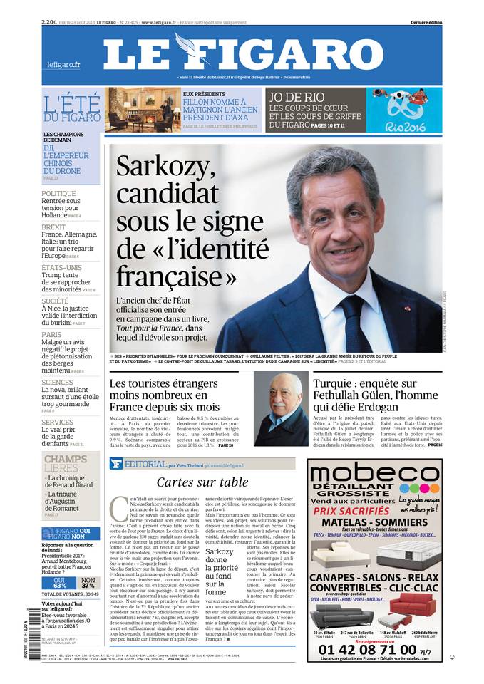 Le Figaro Une du 23 août 2016