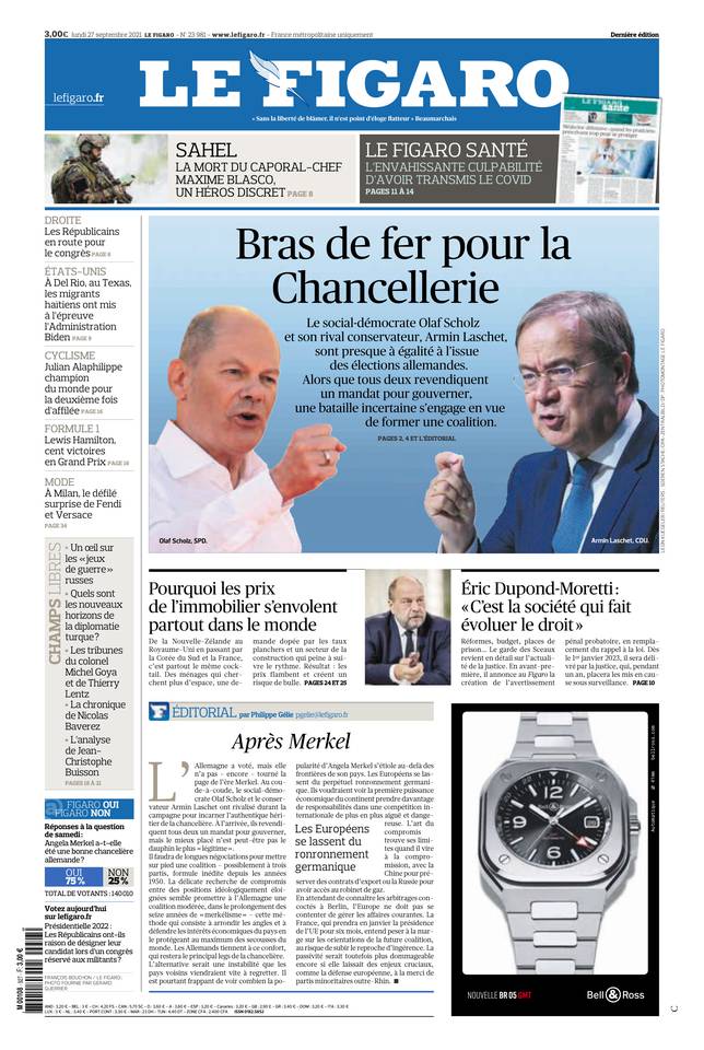 Le Figaro Une du 27 septembre 2021