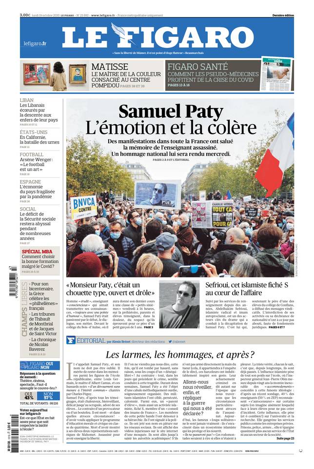 Le Figaro Une du 19 octobre 2020