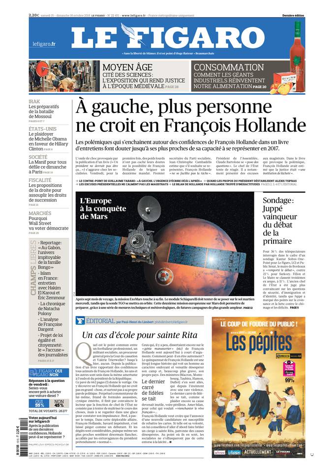 Le Figaro Une du 15 octobre 2016