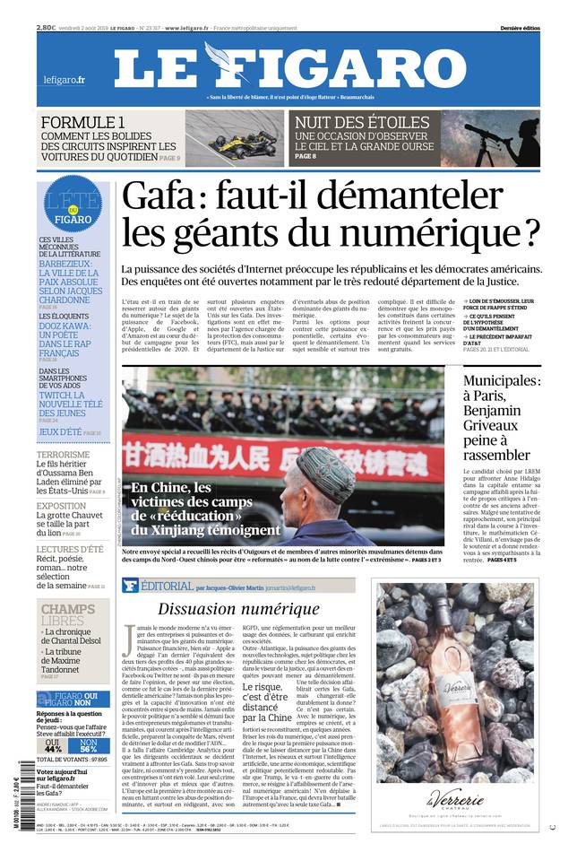Le Figaro Une du 2 août 2019